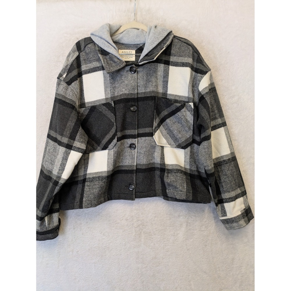 Ashley Shacket Women's XL‎ Black White Plaid Hooded Cropped Wool Blend R15449